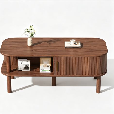 Table basse noyer 110 cm, Porte coulissante,Rangement double,Style scandinave en MDF,Charge 60 kg-Pour salon/balcon (1/5)