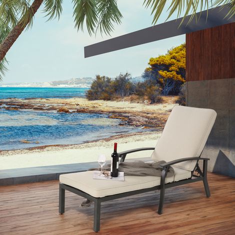 Chaise longue d'extérieur en aluminium bronze foncé avec coussin beige, dossier réglable 5 positions, 204x58x100/30 cm (1/5)