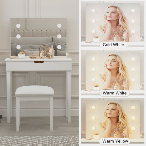 Coiffeuse avec miroir, tabouret de coiffeuse, ensemble coiffeuse avec 6 ampoules, blanc