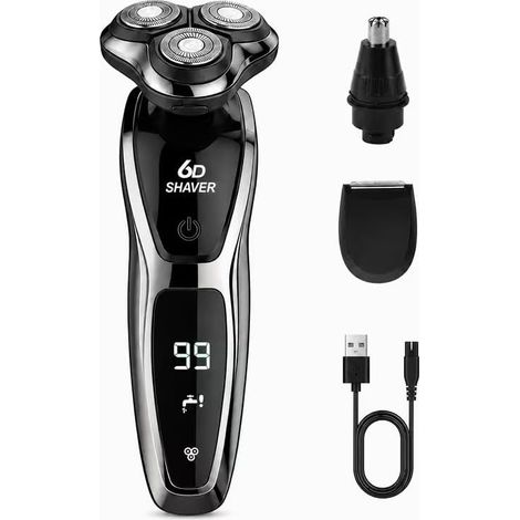 Rasoir électrique homme 4 en 1 rechargeable, rasoir portable avec tondeuse nez, favoris et 3 lames, affichage numérique (1/5)