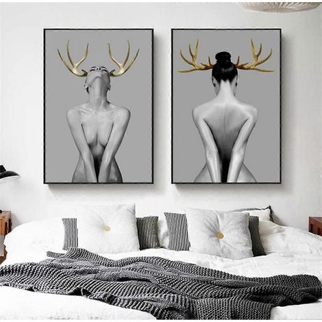 Affiche murale sur toile représentant une jeune fille élan, dessin artistique simple et tendance en noir et blanc, idéal pour décorer le salon, la chambre, le bureau et la chambre d'enfant. (1/5)