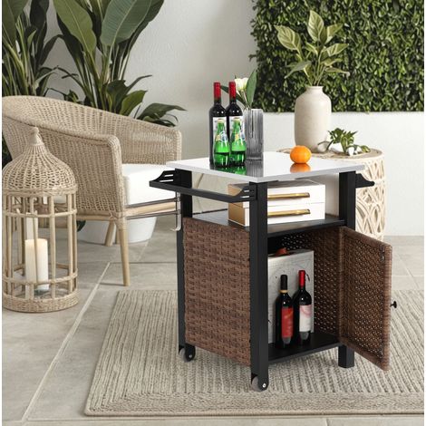 Carrito de bar de exterior con almacenamiento, encimera de acero inoxidable, ruedas, marrón DESVIAE (1/5)