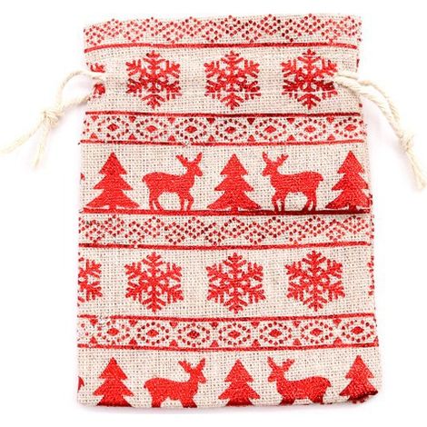 Leinenbeutel, 10er-Set, Jutebeutel mit Kordelzug, bedruckt, Weihnachtsgeschenktüten, Jutebeutel, Stoffbeutel, hängende Geschenktüten, Schneeflockenmuster, rot, 15 × 20 cm