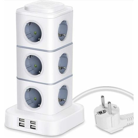 Shmshng – Multiprise électrique 12 prises avec 4 ports USB – Rallonge 3m – Protection contre surtensions – Plastique ABS ignifuge (1/5)