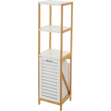 Étagère Salle de Bain avec Panier à Linge Blanc et Bambou (1/5)