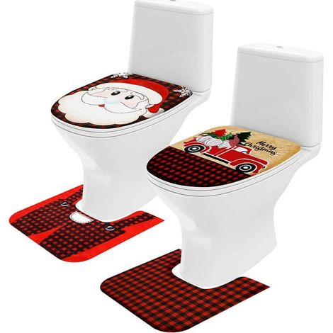 Lot de 4 Housses de Lunette WC Noël, Couvre-Siège Toilette Thème Xmas, Motif Père Noël et Voiture, Décor Salle de Bains Festif, Protection de Cuvette Cartoon (1/5)