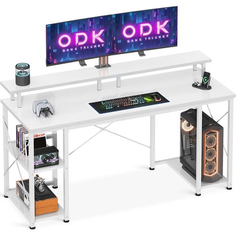 Bureau gaming avec support écran et rangement 120x50 cm Blanc Coleshome (1/5)