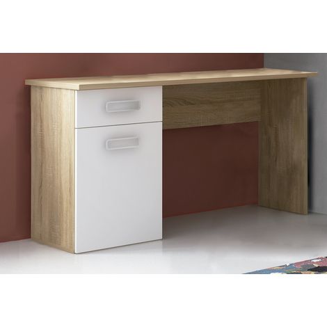 Table de bureau, meuble de bureau coloris Chêne cambrian/blanc - Longueur 120 x profondeur 49,8 x hauteur 72 cm -PEGANE- (1/2)
