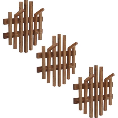 MCA Lot de 3 panneaux vestiaire HHG-393, patère murale, patère en bois, chêne massif