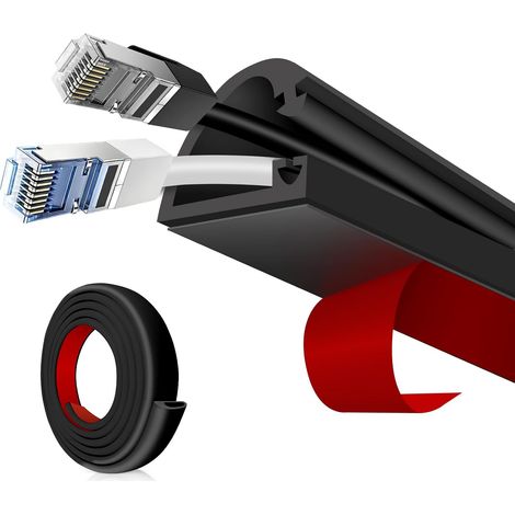 Goulotte Passe câble Auto adhésive 3 mètres, Type D 22x10 mm Noir, Cache câble Mural et Sol Flexible en PVC, pour télévision, Bureau et Domicile, Inclus Ciseaux (1/5)