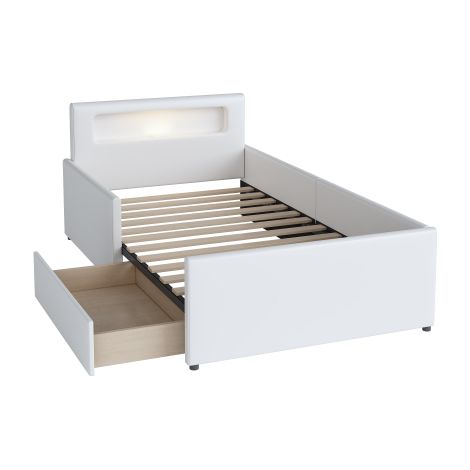 Lit enfant rembourré 90x200 USB veilleuse LED tiroir rangement simili cuir (1/5)