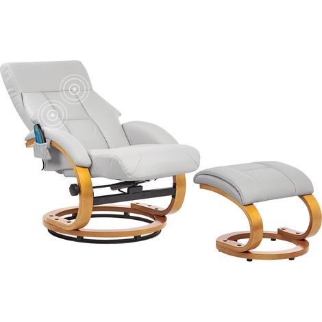 Sillón de masaje reclinable giratorio con reposapiés con calefacción de piel sintética gris claro Force