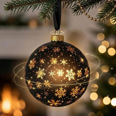 LED Glas Weihnachtskugel schwarz matt drehend zum Hängen mit Timer - 14 cm - Dekokugel Sterne und Schneeflocken warm weiß beleuchtet batteriebetrieben