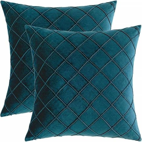 Lot de 2 Housses de Coussin Satinées Quadrillées Bleu Vert, Style Européen 45x45cm, Décoration Moderne pour Salon et Canapé (1/4)