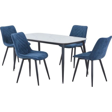 Aspen Gloss White Sintered Stone Rectangular Table & 4 Blue Cord Fabric Chair Set - Metal - L54 x W53.5 x H85.5 cm
