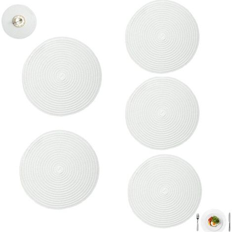 Lot de 5 sets de table tissés en rotin, tissés à la main, isolants thermiques, style western, ronds, lavables, 38 cm, blancs. (1/5)