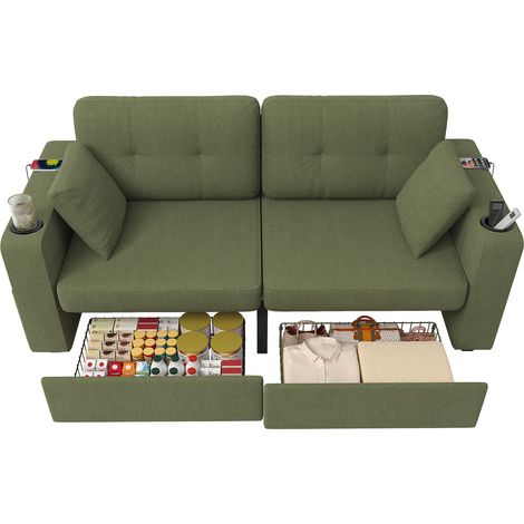 Canapé 2 places avec 2 tiroirs de rangement, ports USB, porte-gobelets et poches latérales, tissu olive, compact pour petit salon et appartement - CHICFURN (1/5)