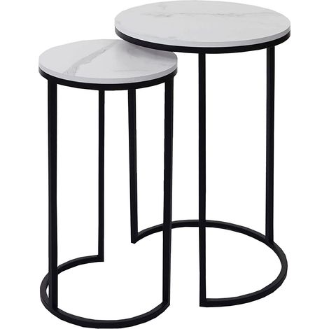 Ensemble de 2 tables d'appoint aspect support plante bouts de canapés marbre MDF blanc et noir TAB04014 (1/5)