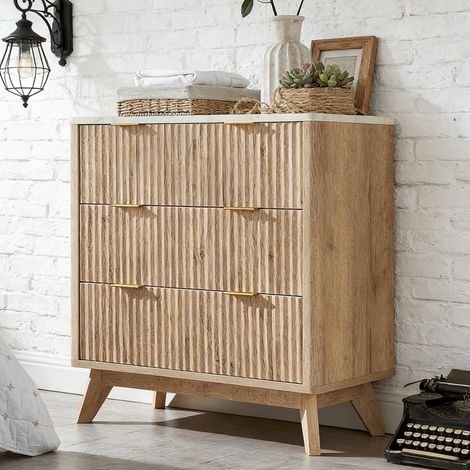 Commode chambre 3 Tiroirs Style Fluté 32" Haute, Commode bois avec Plateau Faux Marbre & Profil Courbé, Organisateur de Rangement pour Chambre, Salon & Couloir - Panneau de Particules Natural Oak (1/5)