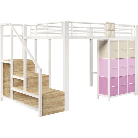 Lit mezzanine 140x200 cm en métal et MDF blanc avec tiroirs, penderie et escalier de rangement (1/5)