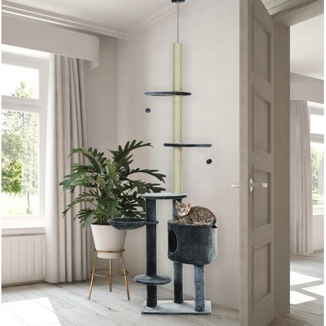 Árbol para gatos de felpa y sisal gris oscuro, multinivel con caseta y cama lateral, para rascar, descansar y trepar, 55 x 45 x 220-265 cm (1/5)