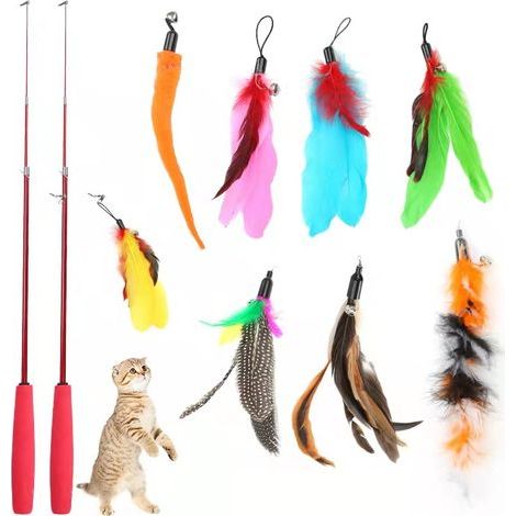 Jouet à Plumes pour Chats,10 Pièce Jouets Chat,Jouets à Plumes,Jouet pour Chat,2 Rétractable Canne a Peche Jouet avec 8 Recharges,Interacti pour l'intérieur Chats et Chatons (1/5)