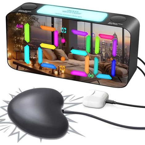 BelleRise - Réveil pour gros dormeurs, horloge numérique avec veilleuse 7 couleurs, volume réglable, variateur, chargeur USB