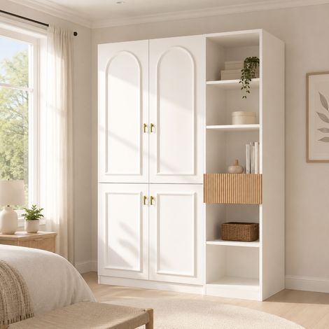 MODFU – Armoire dressing 135x50x200 cm MDF/panneaux particules – 2 penderies et 8 compartiments – Charge 30 kg – Chambre – Blanc/bois (1/5)