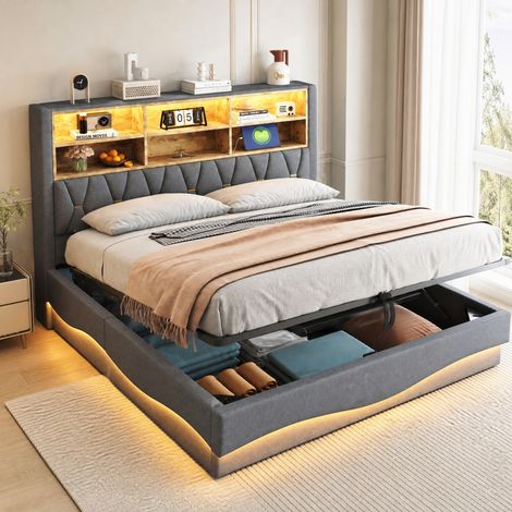 Cama canapé 180 x 200 cm con LED, APP, USB y arcón hidráulico gris HAVRYA (1/5)