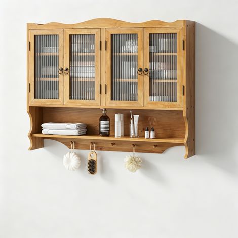 CHICFURN armario mural de 4 puertas 100 x 20 x 80 cm en madera y vidrio natural (1/5)