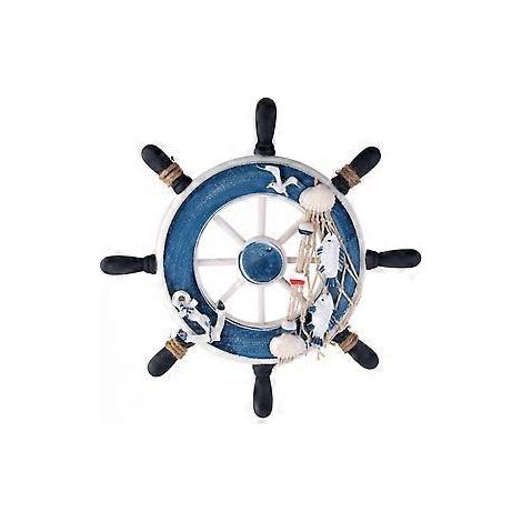 Décoration murale en bois (bleu) : bateau de plage, gouvernail, filet de pêche, 23 cm