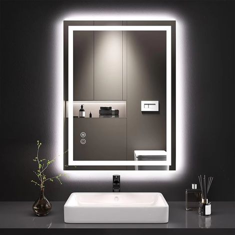 Miroir lumineux de salle de bain 50×70 cm avec éclairage LED 3000K-6000K, commande tactile intelligente, fonction anti-buée, design mural rétroéclairé