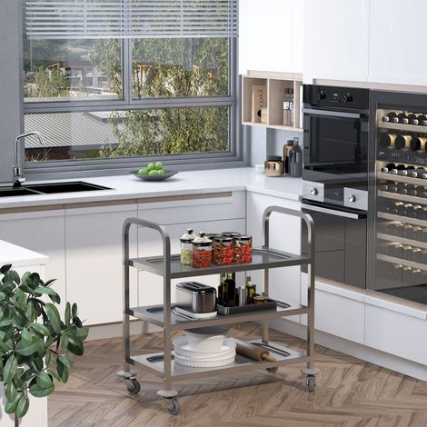 Carrello da cucina a 3 ripiani con ruote, carrello portaoggetti in acciaio inox, carrello per cucina e sala da pranzo, 90,5 x 50,5 x 88,2 cm, argento