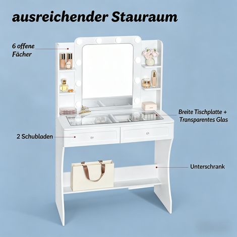 Table de rangement ouverte, bureau de coiffure avec plateau en verre transparent, table d'étude (uniquement avec coiffeuse) (1/5)