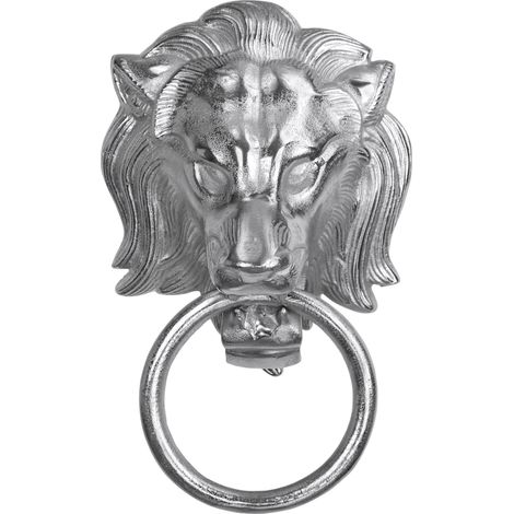 WOMO-DESIGN Handtuchhalter Löwenkopf mit Ring, aus Aluminium vernickelt, Unikat, Silber, (BxH): 10x31 cm, Designer Löwenkopf, Handtuchring Türklopfer Löwe Lion Wandfigur WC Bad Dekoration Accessoire