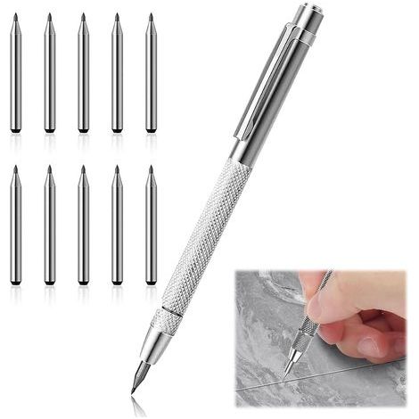 Stylos à Tracer en Carbure de Tungstène, Pointe a Tracer Livré avec 10 Pointes de Rechange, Parfait pour Tôle, Verre, Céramique, Acier Trempé et Plus