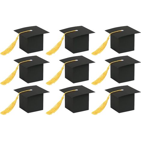 Lot de 30 boîtes à dragées, QttvbTna, forme chapeau de diplômé, noir avec pompon jaune, 6x6x6 cm (1/5)