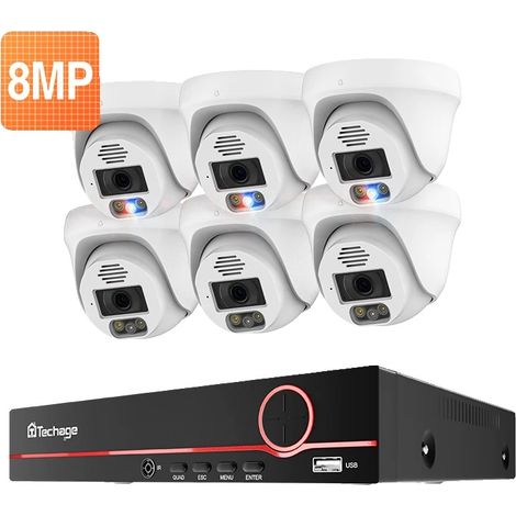 Sistema de videovigilancia, resolución de vídeo de 8 MP, audio bidireccional, NVR de 8 canales con 6 cámaras de 8 MP, disco duro integrado de 4 TB. (1/2)
