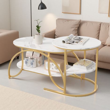 Table Basse Ronde Table Gigogne 2 Pièces Table d'Appoint, Bois Marbré et Pieds en Métal,80x46x45cm, 52x52x51cm (1/5)
