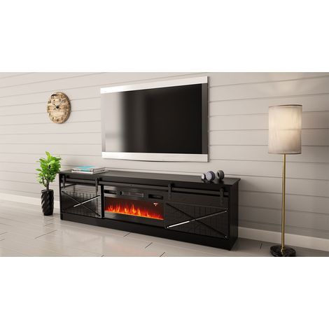 Bb-Loisir – Meuble TV 200x57x35 cm noir brillant avec cheminée chauffante intégrée – Panneau stratifié 16 mm – Télécommande et flamme réaliste (1/3)
