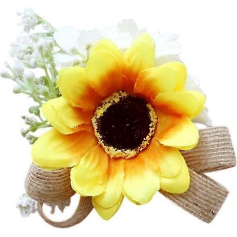 Corsage de poignet de tournesol artificiel pour mariage, fleur décorative pour la main de la mariée, ornement pour demoiselle d'honneur, bal de promo, mariage, fête de rentrée - 2 (1/5)