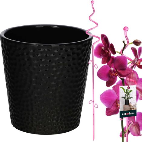 KOTARBAU® Set di vasi da fiori neri da 11 cm con supporto rosa da 58 cm per fiori, vaso da fiori in ceramica, supporto in plastica per piante, set per orchidee