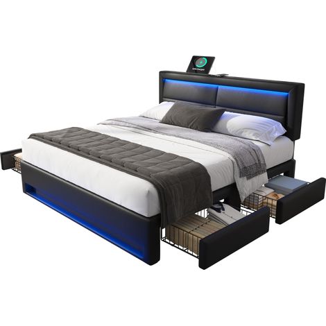 Gepolstertes Doppelbett 140 x 190 cm mit USB-Anschluss, LED-Beleuchtung und 4 Schubladen, PU-Litchi-Design, Schwarz, ohne Matratze
