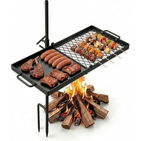 VEVOR Parrilla Giratoria para Hoguera 610 x 355 mm de Acero al Carbono, Parrilla para Fogatas, Rejilla Rectangular, Con Soporte, Soporta hasta 600°C, para Fuego Abierto, Camping, Jardín, Negro (1/5)