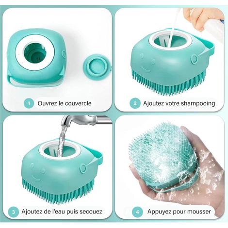 Brosse de bain en silicone pour chien – démêlante, massante, distributeur de shampoing, pour poils courts et longs, bleue (1/4)