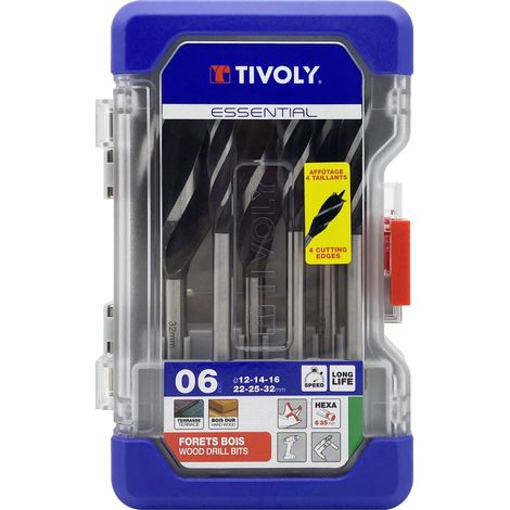 Tivoly • Caja de 6 brocas para madera con 4 filos de corte mango hexagonal Ø 12 a 32mm