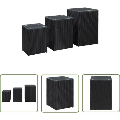 The Living Store Beistelltische 3 Stk. mit Glasplatte Schwarz Poly Rattan - Beistelltisch - Wohnzimmermöbel - Gartenmöbel - Outdoor Möbel - Rattan Tisch (1/5)