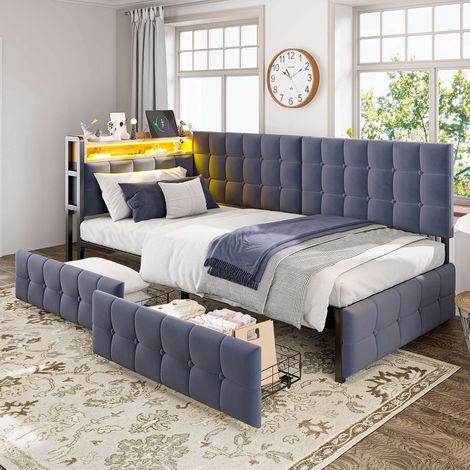 Canapé-lit 90x200 cm enfant en velours gris, lit gigogne multifonction avec 2 tiroirs, LED, ports USB-C, sommier inclus, sans matelas (1/5)