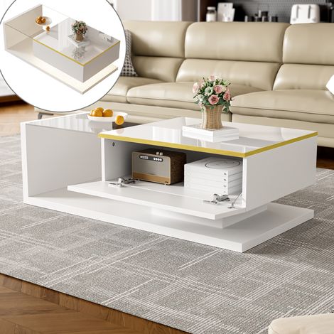 100 cm fester Couchtisch mit Stauraum, Couchtisch aus Glas mit LED-Effekt – Weiß
