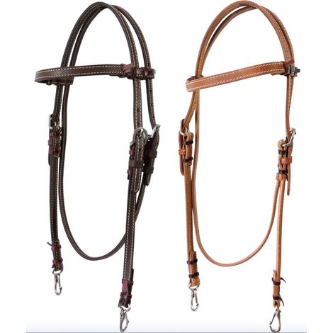 MARRONE - Briglia western Tehua in cuoio con frontalino liscio e moschettoni per morso filetto